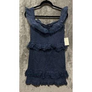 New Tularosa Teri Off Shoulder Smocked Ruffle Mini Dress Blue Large Bodycon